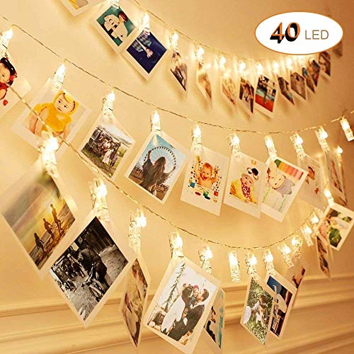 6 M 40 LED Clip cadena de luces LED, Sendo Cadena de luces con pinzas 2 modos de luz Blanco cálido Guirnalda de luces con Clips para fotos ideal para colgar fotos, notas, Memos y de arte