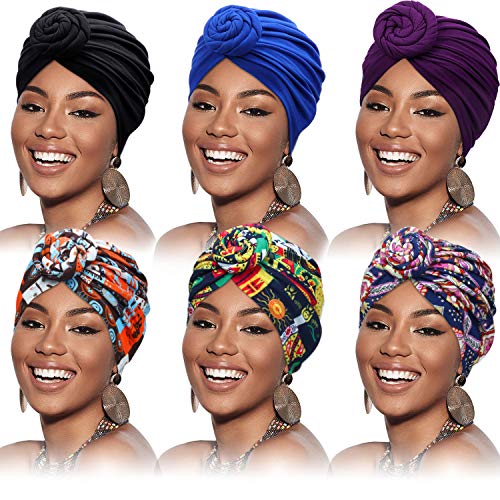6 Piezas Turbantes Africanos de Mujeres Gorro de Nudo Preatado Flor Envoltura de Cabeza(Color Puro Flor)