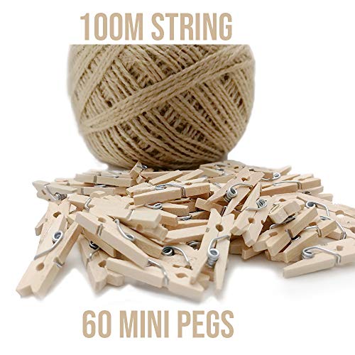 60 mini pinzas de madera + cuerda de 100 m, para decoración de pared de fotos, decoración de bricolaje, mini pinzas de ropa de madera, pequeñas pinzas para arte y manualidades, bodas y eventos
