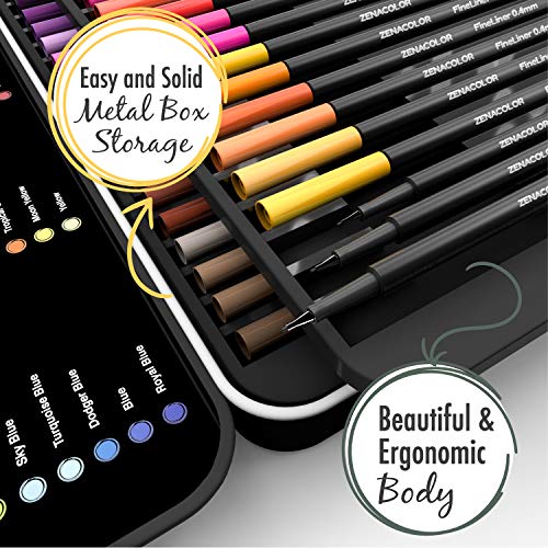 60 rotuladores punta fina Zenacolor - 60 colores únicos - Bolígrafo fineliner 0,4 mm - Tinta base agua - Perfectos para colorear (adultos), dibujar, manga, caligrafía o trabajos que requieran preción.