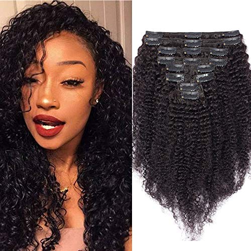 75cm - Kinky Curly Cabello Humano Negro Clip in Extension 120g Remy Hair Extensiones de Pelo Natural Afro 8 Piezas 18 Clips