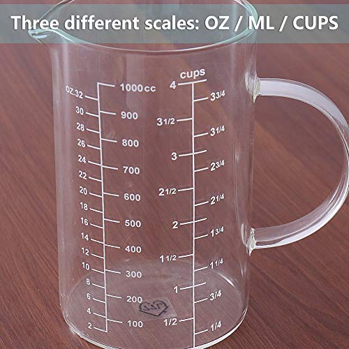 77L Vaso medidor, Taza de medición de cristal [manija aislada, canalón en forma de V], taza de medición del alto vidrio de borosilicate de para la cocina o el restaurante, 1000 ml (1,0 L, 4 Cup)
