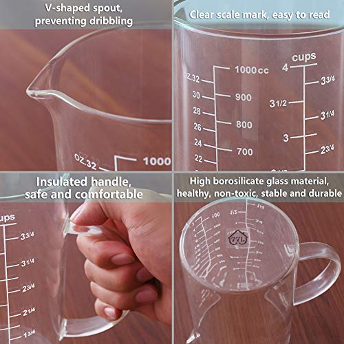 77L Vaso medidor, Taza de medición de cristal [manija aislada, canalón en forma de V], taza de medición del alto vidrio de borosilicate de para la cocina o el restaurante, 1000 ml (1,0 L, 4 Cup)
