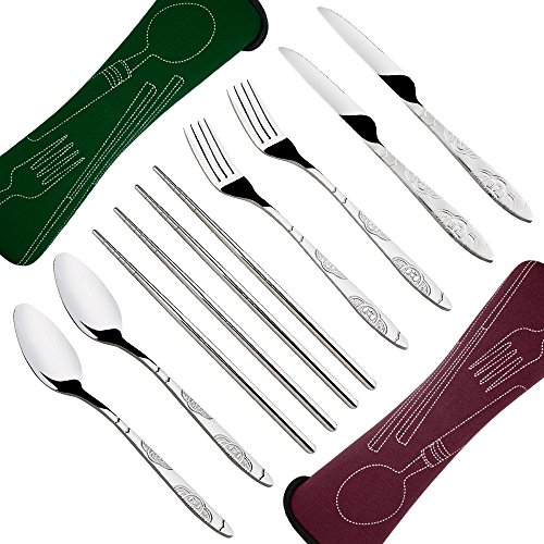 8 piezas Mostrada Conjuntos De Cuchillo, Tenedor, Cuchara, Palillos, SENHAI 2 Pack de vajilla con estuche e para viajar Camping Picnic Excursionismo(rojo marrón, verde oscuro)