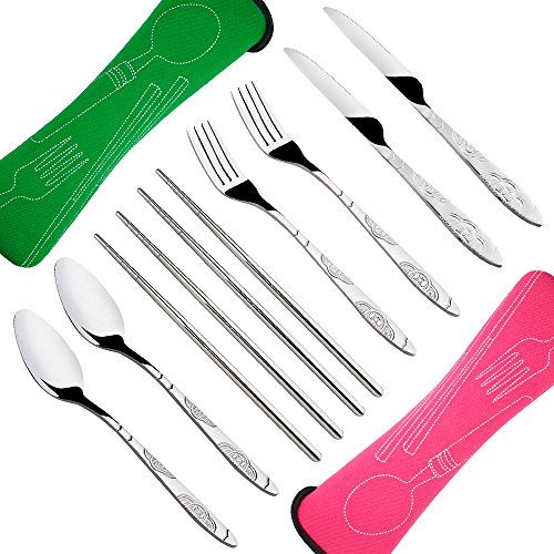 8 piezas Mostrada Conjuntos De Cuchillo, Tenedor, Cuchara, Palillos, SENHAI 2 Pack de vajilla con estuche e para viajar Camping Picnic Excursionismo(verde, rosa)