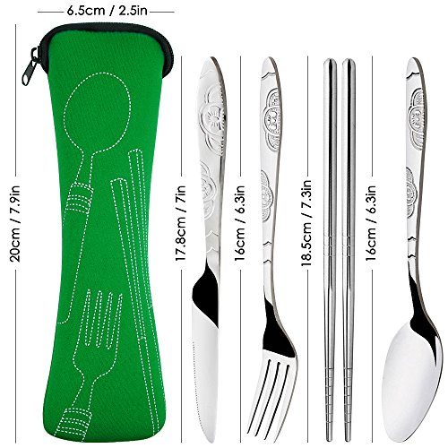 8 piezas Mostrada Conjuntos De Cuchillo, Tenedor, Cuchara, Palillos, SENHAI 2 Pack de vajilla con estuche e para viajar Camping Picnic Excursionismo(verde, rosa)