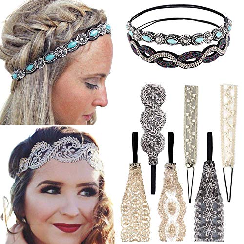 8Pcs Diademas de encaje Estiramiento Diademas Joyas de perlas de encaje Diademas con cuentas Elegent Hair Band para mujer Lady Girls