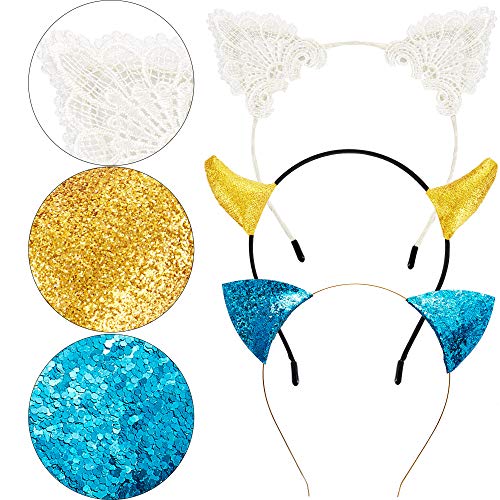 9 Piezas Diademas de HAlloween Diadema de Cuerno de Diablo Diadema de Orejas de Gato de Lentejuelas Encaje para Halloween Tema Fiesta Decoración