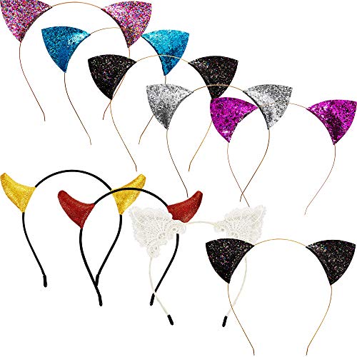 9 Piezas Diademas de HAlloween Diadema de Cuerno de Diablo Diadema de Orejas de Gato de Lentejuelas Encaje para Halloween Tema Fiesta Decoración
