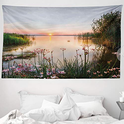 ABAKUHAUS Naturaleza Tapiz de Pared y Cubrecama Suave, Atardecer en el Lago Chudskoy Estonia Flores de Primavera Paisaje, Material Resistente, 230 x 140 cm, Azul Bebé