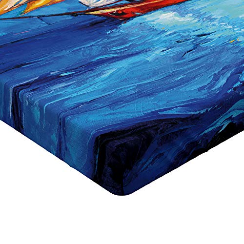 ABAKUHAUS Náutico Sábana Elastizada, Arte del Barco de Vela Imagen, Suave Tela Decorativa Estampada Elástico en el Borde, 135 x 190 cm, Azul Marino y Azul