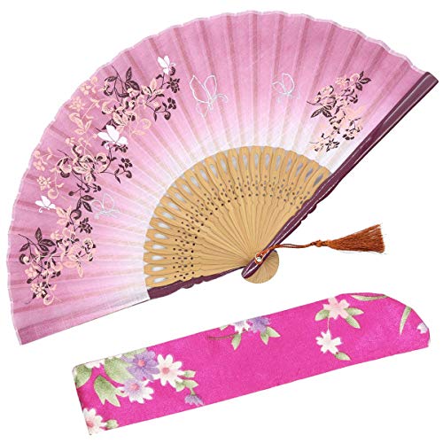 Abanico plegable OMyTea con diseño chino/japonés retro y con funda protectora de tela, Rojo