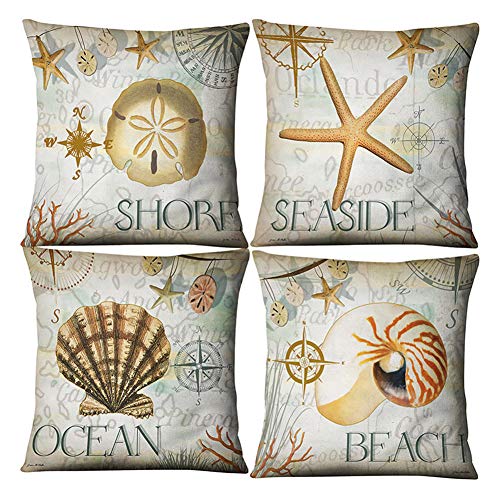 ABLUD Estilo mediterráneo Tiro Fundas de Almohada Estilo Marino mar mariscos Tema Decorativo náutico de la Costa del Amortiguador Casos Decoración de 45 * 45 cm Conjunto de 4