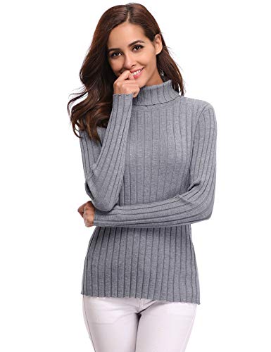 Abollria Suéter Cuello Alto para Mujer Basic Jerséy Color Sólido Clásico Pullover de Punto Manga Larga Elegante Sweater para Otoño Invierno, Gris, L
