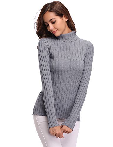 Abollria Suéter Cuello Alto para Mujer Basic Jerséy Color Sólido Clásico Pullover de Punto Manga Larga Elegante Sweater para Otoño Invierno, Gris, L