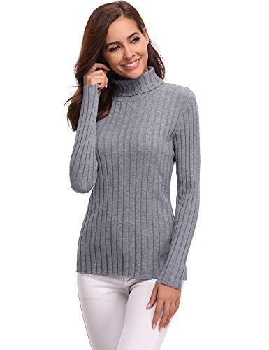 Abollria Suéter Cuello Alto para Mujer Basic Jerséy Color Sólido Clásico Pullover de Punto Manga Larga Elegante Sweater para Otoño Invierno, Gris, L