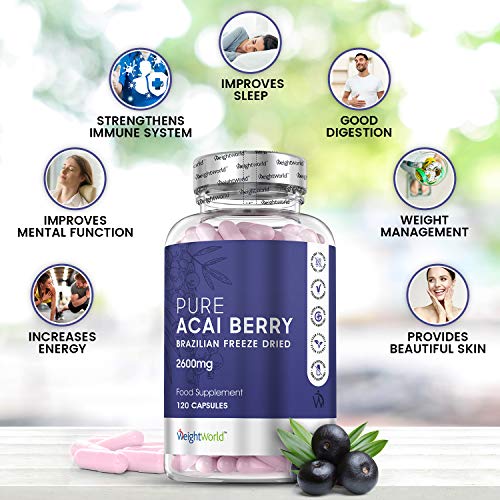 Acai Berry Cápsulas Dosis Alta 2600mg 120 Cápsulas - Suplemento Para Adelgazar, Potente Diurético Antioxidante, Mejora Sistema Inmunólogico, Fuente de Vitamina C y Omega 6 y 9, Controla Colesterol