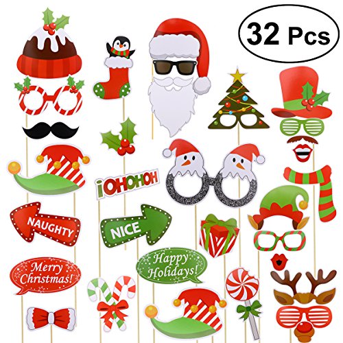 Accesorios Photocall Navidad Bodas Cumpleaños OULII 32 Piezas Gorros Máscara Gafas Disfraz Navidad