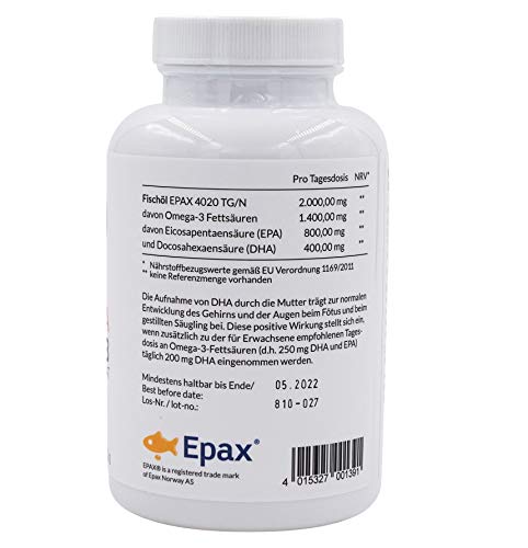 Aceite de pescado - 120 cápsulas, 700 mg omega-3 EPAX© ultra puro, triglicéridos, 400 mg de EPA, 200 mg de DHA, destilados molecularmente para obtener la máxima pureza, aceite de pescado certificado