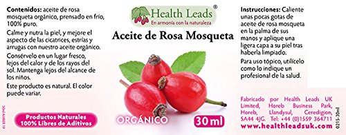 Aceite de Rosa Mosqueta Orgánico Prensado en Frío 30ml, No Refinado, Puro, Natural, Sin Hexano ni Solventes, Sin OGM,Ideal para tipo de piel, la cara, piel seca/grasa, cicatrices y estrías, Vegano
