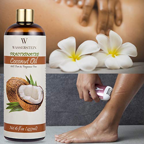 Aceite esencial de coco fraccionado con dispensador – 100% puro y natural. Aceite para aromaterapia y aceite para masaje de Wasserstein (16oz/473ml, coco)