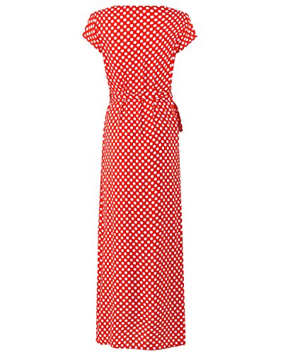 ACHIOOWA Mujer Vestido Elegante Casual Playa Bohemio Dress Lunares Cuello V Manga Corta Escote Fiesta Cóctel Falda Larga Rojo 2XL