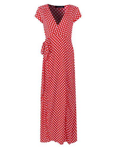 ACHIOOWA Mujer Vestido Elegante Casual Playa Bohemio Dress Lunares Cuello V Manga Corta Escote Fiesta Cóctel Falda Larga Rojo 2XL