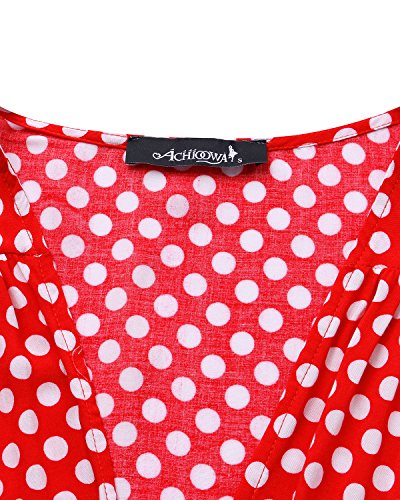 ACHIOOWA Mujer Vestido Elegante Casual Playa Bohemio Dress Lunares Cuello V Manga Corta Escote Fiesta Cóctel Falda Larga Rojo 2XL