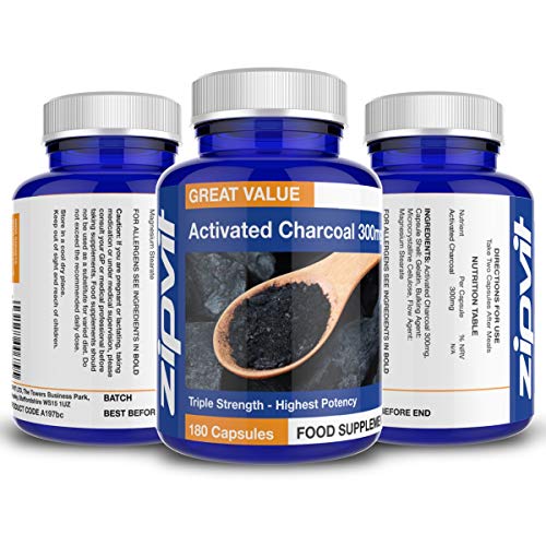 Activated Charcoal 300mg, 180 Coconut Charcoal Capsules. Digestion and Detox Support.