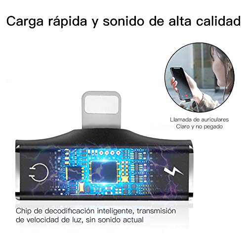 Adaptador de Auriculares Compatible para i-Phone 11/11Pro/11Pro MAX/XS MAX/XR/X/7 Plus/8 Plus，Conector para Auriculares [Música + Carga + Llamada + Control de Volumen + Voz Vivir] 5 en 1-Negro