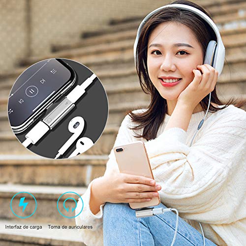 Adaptador de Auriculares para iOS 12 y Superior(2 en 1),Divisor Adaptador Conector de Auriculares para i-Phone 7/8 / XR/X/XS,etc.[Música+Carga+Control de Volumen+Llamada+Voz Vivir]