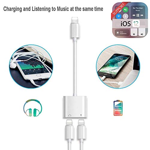 Adaptador de Auriculares para iPhone 11/11Pro/XS/XR/XS MAX/8 Plus Adaptador de Dual AUX Cable Adaptador de para iPhone Convertidor de Audio Soporte de Control de Volumen del Todo iOS Blanco
