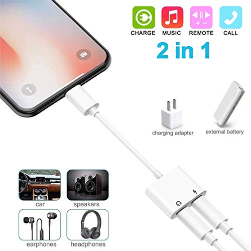 Adaptador de Auriculares para iPhone 11/11Pro/XS/XR/XS MAX/8 Plus Adaptador de Dual AUX Cable Adaptador de para iPhone Convertidor de Audio Soporte de Control de Volumen del Todo iOS Blanco