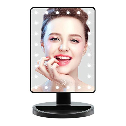 ADOV Espejo Maquillaje con Luz, 24 LED Espejo Cosmético de Sobremesa, Aumento 10x, 180° de Rotación, para Cosmético, Afeitado y Viaje - Negro
