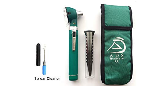 ADS Medicare Mini otoscopio ENT fibra óptica LED Iluminación Medical Diagnostic Examination CE aprobado con limpiador de oídos y foco de repuesto de cortesía, color azul turquesa