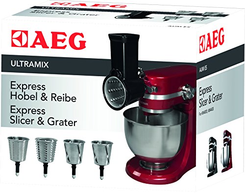 AEG AUM cortar y rallar, compatible con el robot de cocina UltraMix, grueso, 1 rebanador rallador fino, 1 accesorio para empujar, Metal, De plástico, Negro y plateado
