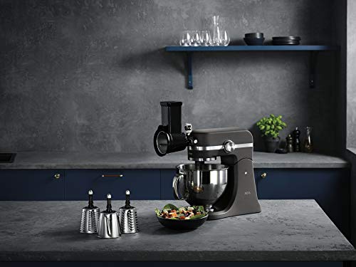 AEG AUM cortar y rallar, compatible con el robot de cocina UltraMix, grueso, 1 rebanador rallador fino, 1 accesorio para empujar, Metal, De plástico, Negro y plateado