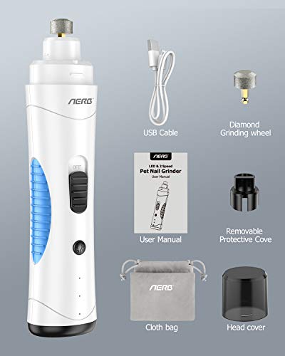 Aerb Lima de Uñas Eléctrica para Perro Gato, Cortauñas Perro con LED Luz (7000 tr / min y 8500 tr / min) USB Recargable para Mascota Mediano y Grande, con 2x Rueda Abrasiva
