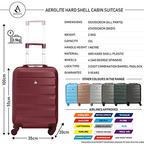 Aerolite ABS Maleta Equipaje de Mano Cabina rígida Ligera con 4 Ruedas, 55cm, Vino Rojo