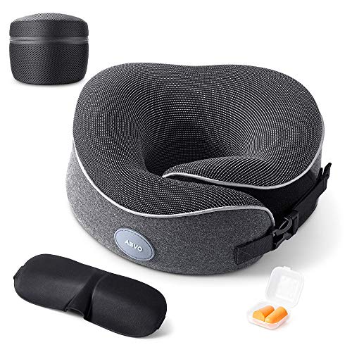 AEVO Almohada de Viaje de Espuma de Memoria, Cómoda y Transpirable, Apta para Lavador, con Antifaz Tapones Oídos y Bolsa de Viaje, Soporte 360 Grados para Cabez, Ideal para Avión Coche y Viajes, Gris