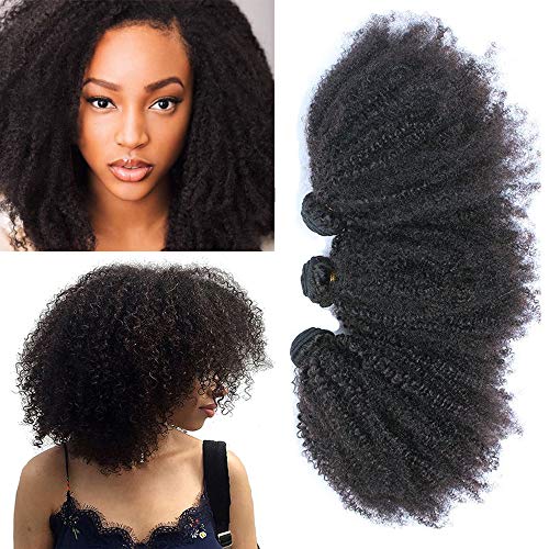 Afro Kinkys Curly Remy - Extensiones de pelo humano brasileño, 3 paquetes de mechones 4B 4C, sin procesar, color natural 14 16 18 Inch