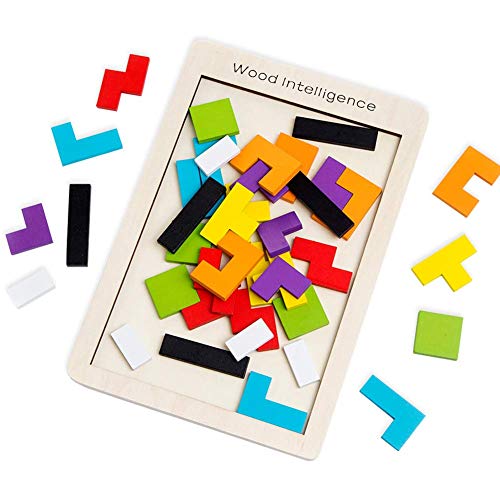 Afufu Puzzle de Madera Montessori Tetris Juguetes Educativos (40 Piezas) Tangram Rompecabezas Juego, Jigsaw Puzzle Tetris del Juguete, Tetris para Niños 3 4 5 6 Años Rompecabezas De Madera