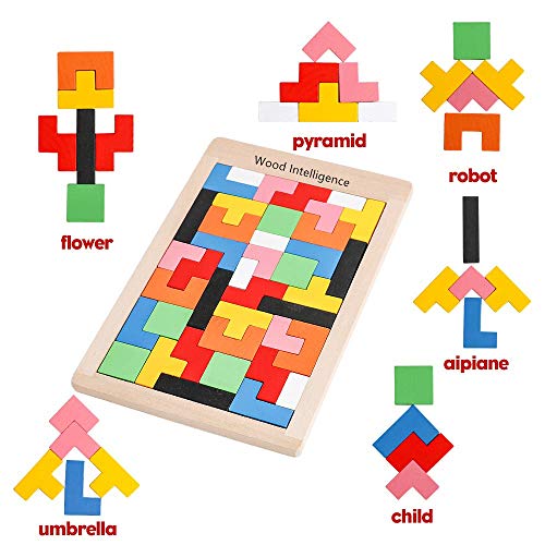 Afufu Puzzle de Madera Montessori Tetris Juguetes Educativos (40 Piezas) Tangram Rompecabezas Juego, Jigsaw Puzzle Tetris del Juguete, Tetris para Niños 3 4 5 6 Años Rompecabezas De Madera