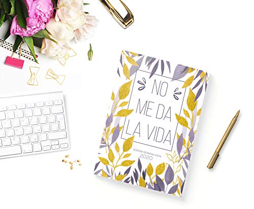Agenda Semana Vista: Diaria de 12 Meses | Semanal y Mensual | Calendario Planificador Organizador | Formato A5 | No Me Da La Vida - Hojas Violeta y Oro (Enero a Diciembre 2020)