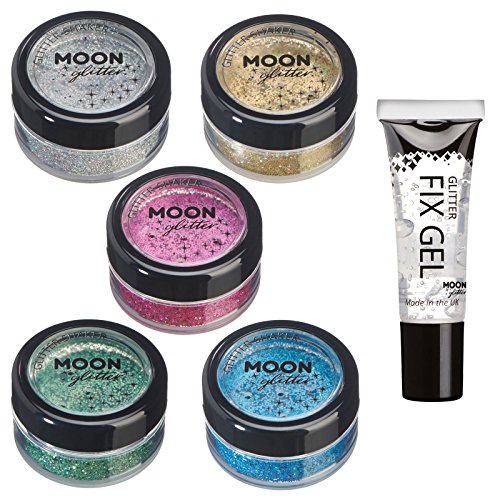 Agitadores de Brillo Holográfico por Moon Glitter - 100% Brillo Brillo Cosmético para la Cara, Cuerpo, Uñas, Cabello y Labios - 5g - Set de 5 colores