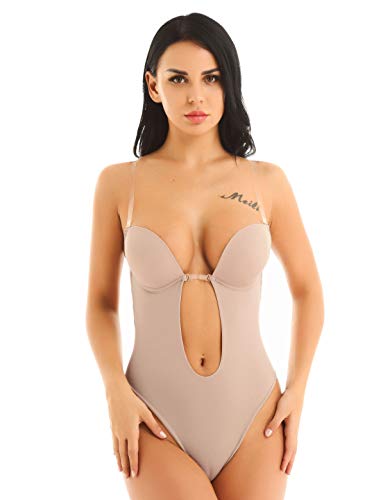 Agoky Body para Mujer sin Escote en V Profundo sin Tirantes Sin Espalda Sujetador Push Up con Aros Correas Transparentes Ajustables Tanga Corsés Body Boda Fiesta Caqui Khaki 34C,34D,36A,36B