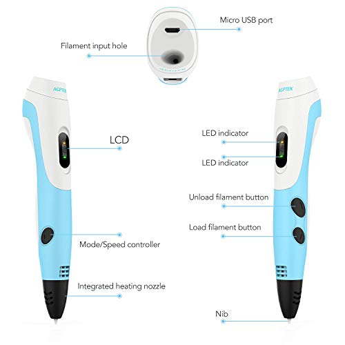 AGPTEK Pluma de Impresión 3D para Niños, Lapiz 3D Compatible ABS, PLA con Filamentos de 30 Color (91.44M), Dibujo de la Plantilla, Regalo de Cumpleaños para Niños, Adultos
