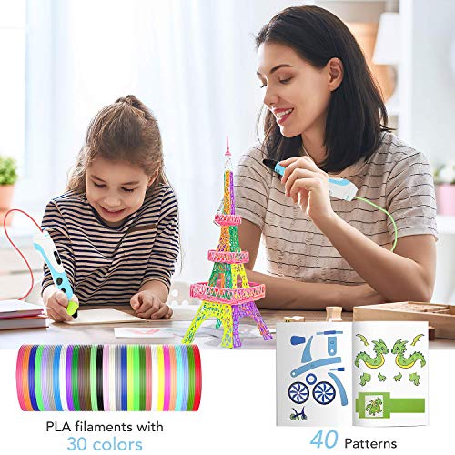 AGPTEK Pluma de Impresión 3D para Niños, Lapiz 3D Compatible ABS, PLA con Filamentos de 30 Color (91.44M), Dibujo de la Plantilla, Regalo de Cumpleaños para Niños, Adultos