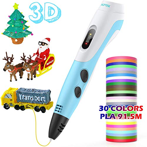 AGPTEK Pluma de Impresión 3D para Niños, Lapiz 3D Compatible ABS, PLA con Filamentos de 30 Color (91.44M), Dibujo de la Plantilla, Regalo de Cumpleaños para Niños, Adultos