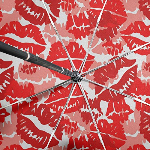 Ahomy Paraguas Plegable de Viaje, Resistente al Viento, Impresiones Rojas de pintalabios para el día de San Valentín, Paraguas, Cierre automático, Mango Antideslizante y Funda Protectora.